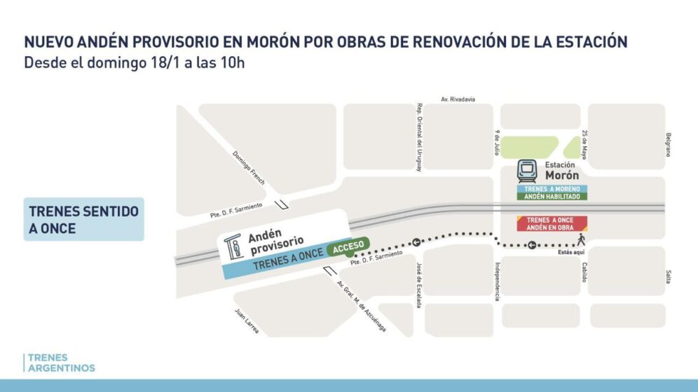 Esquema de la Estación de Morón andén provisorio sentido a Once